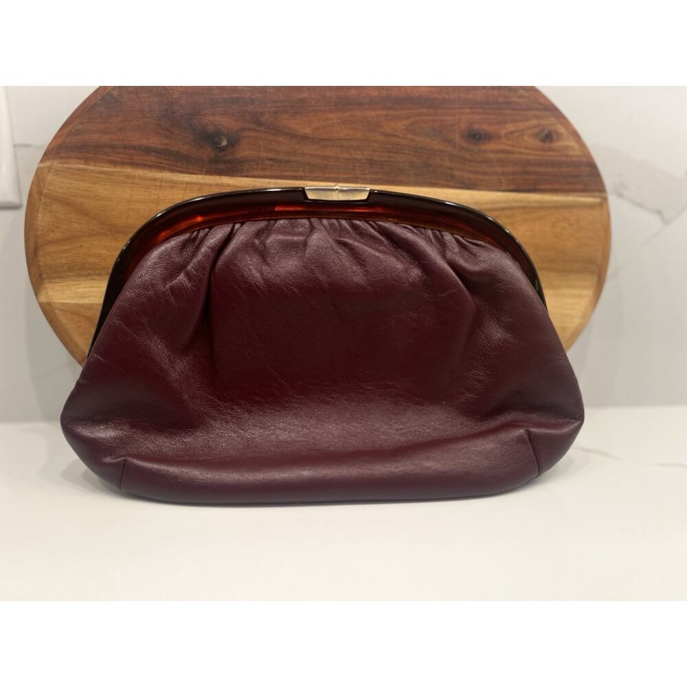 VTG Ruth E Saltz Maroon Clutch Bag Leather Lucite Frame Reghi Italy Classy